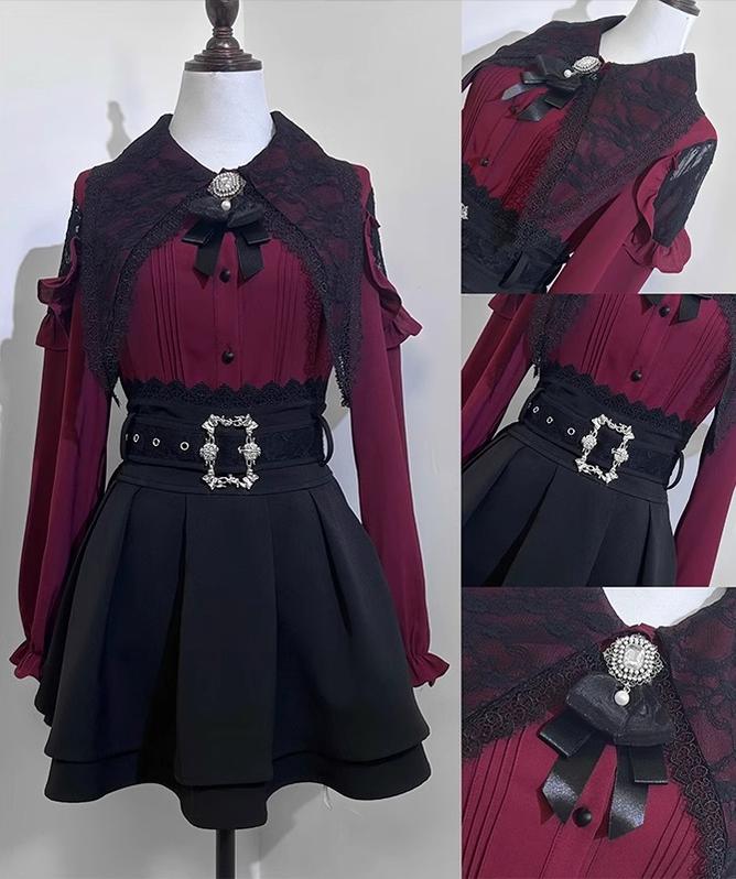 Pointed Lace Collar Jirai Kei Blouse & Black Skirt (2XL L M XL) 42949:769827