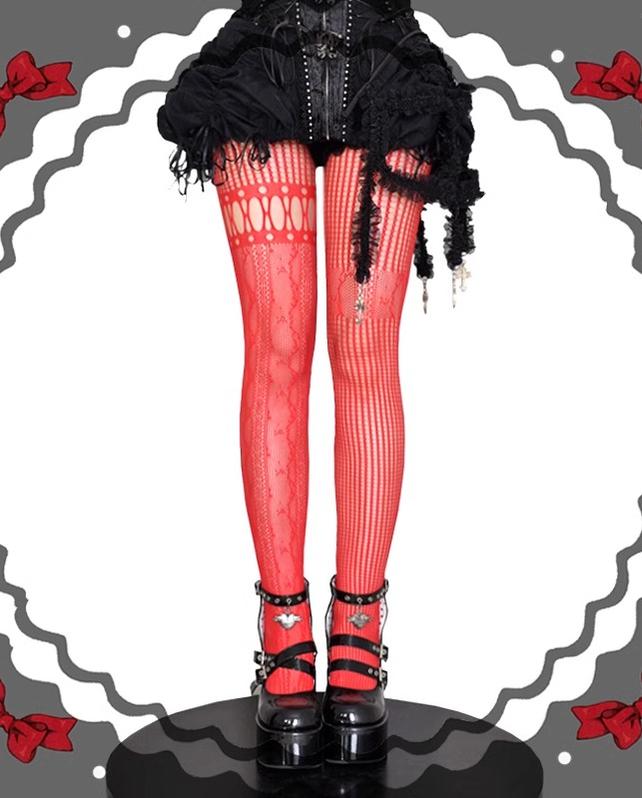 Asymmetric Gothic Lolita Fishnet Pantyhose, Multiple Color (Red / F) 43320:774103
