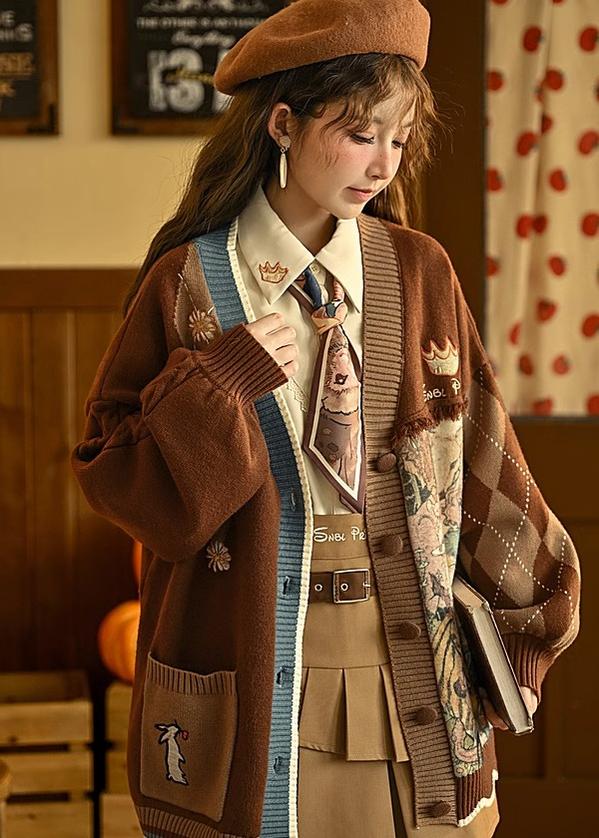 Mori Kei Vintage Style Melrad Knit Sweater Shirt Skirt Set 22716:335844