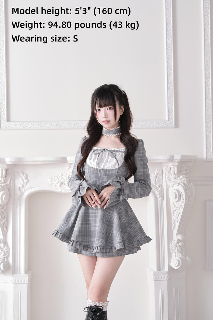 Jirai Kei Plaid Dress and Shorts Set, Lace Trim Choker 44689:819286