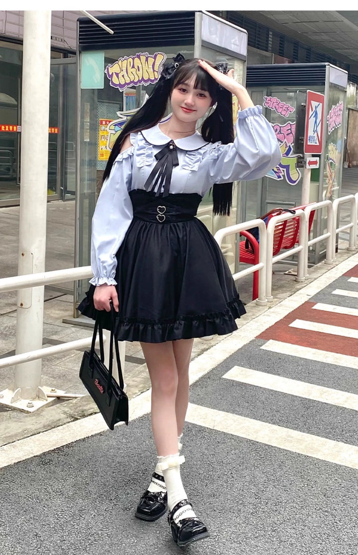 Jirai Kei Blue Open Shoulder Blouse, Flounce Hem Skirt 21966:351042
