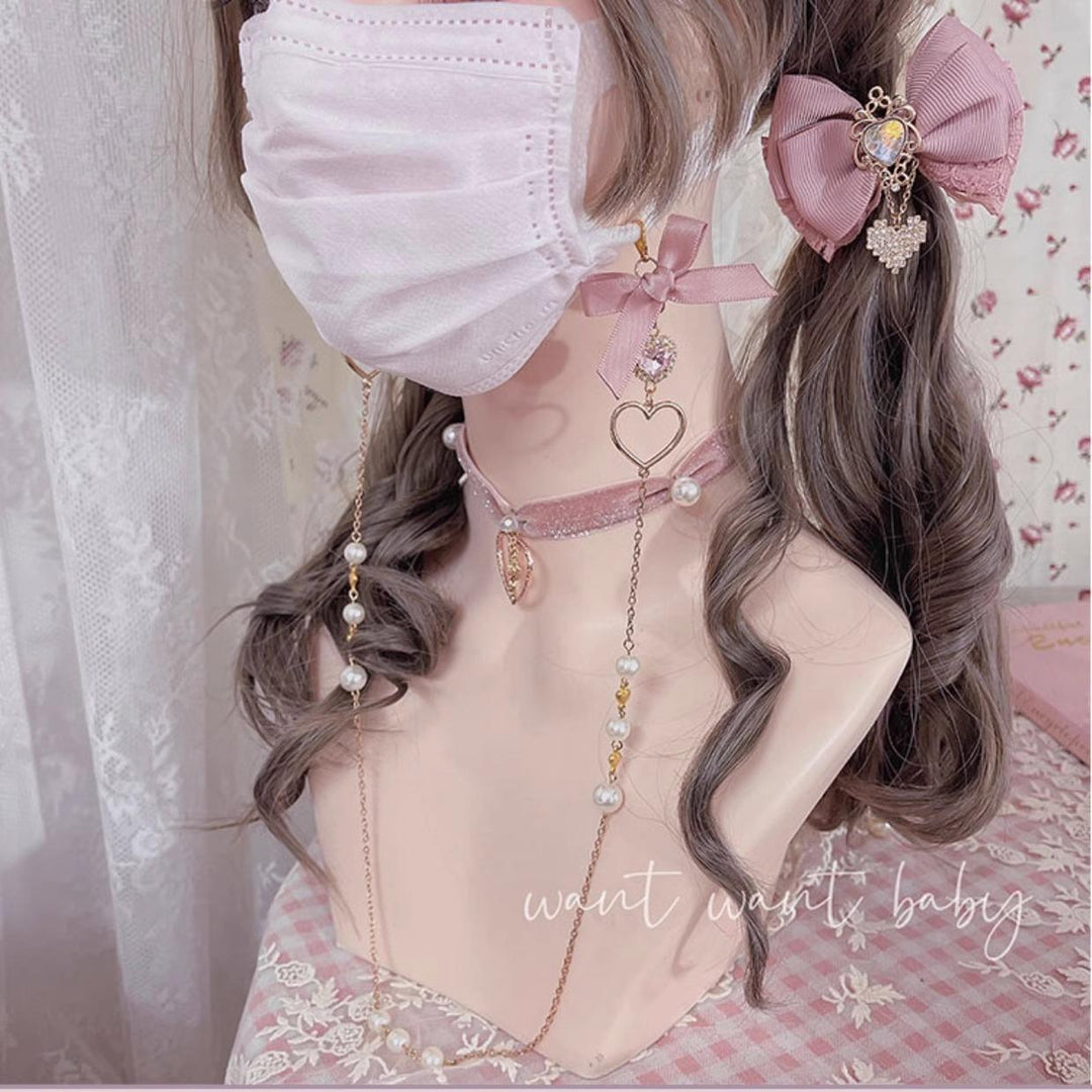 Jirai Kei Glasses Pearl Chain Rhinestone Bow Hanging Rope 38884:613318