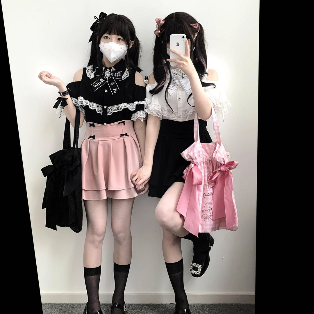 Jirai Kei Shirt Lace Open-shoulder Blouse Short Sleeve Top 36782:537530
