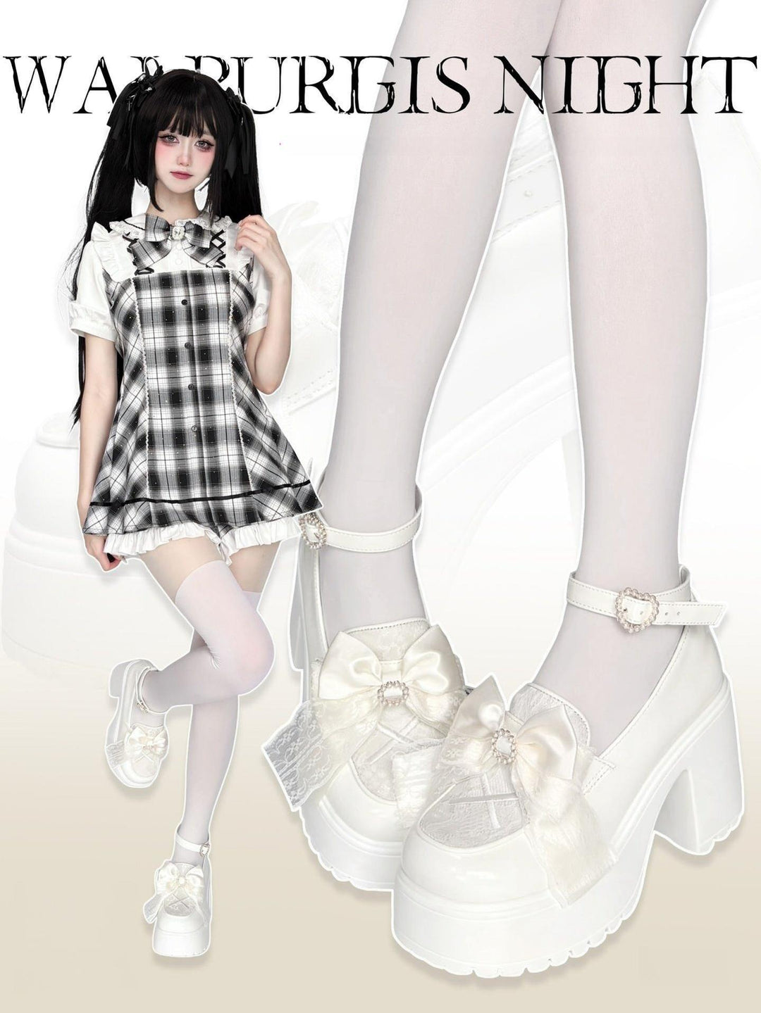White/Black Jirai Kei Loafer Shoes, High Platform 44889:826013