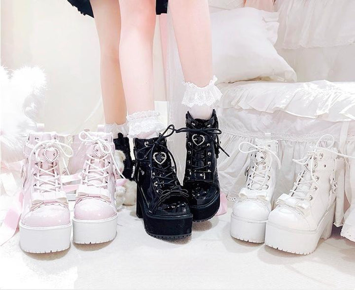 Jirai Kei Shoes Ankle Boots with Heart-shaped Pearl Buckle Detail 42651:749094