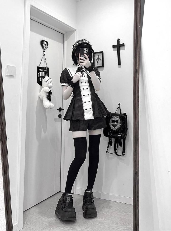 Striped Jirai Kei Set Up, Detachable Collar, Long/Short Sleeve Styles 43401:775828