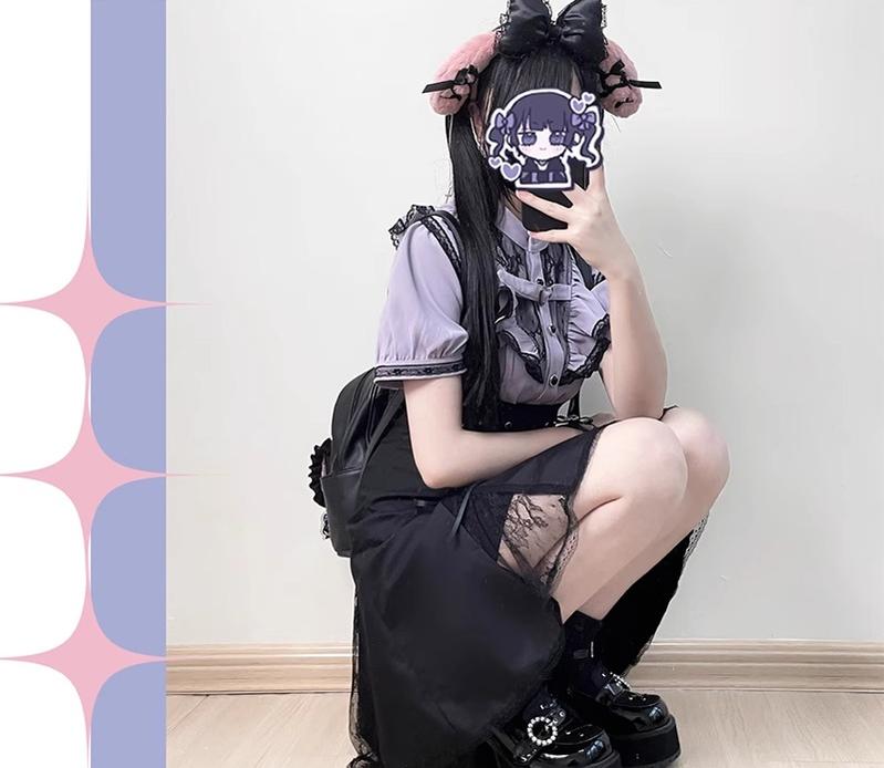 Jirai Kei Bi-color Blouse, Suspender Skirt Set 21976:365220