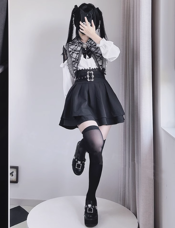 Jirai Kei Lace Blouse Double Layer Skirt A-line 39278:618482