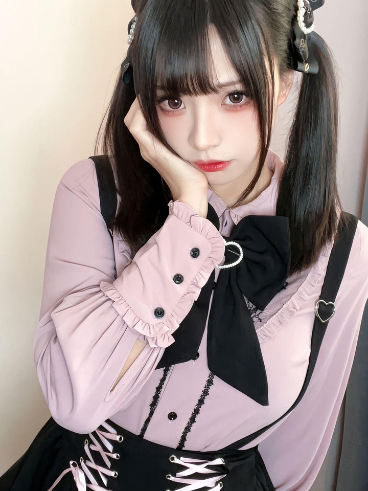 Pink Jirai Kei Blouse, Black Lace Up Skirt 21832:760682