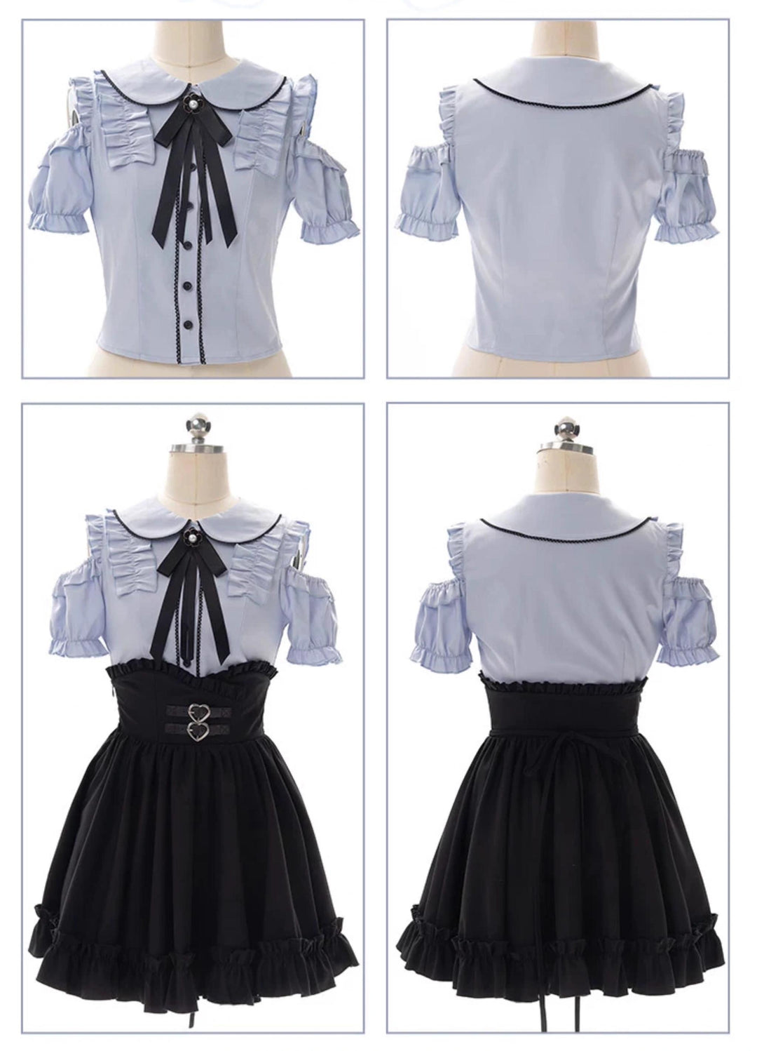 Jirai Kei Blue Open Shoulder Blouse, Flounce Hem Skirt 21966:351034