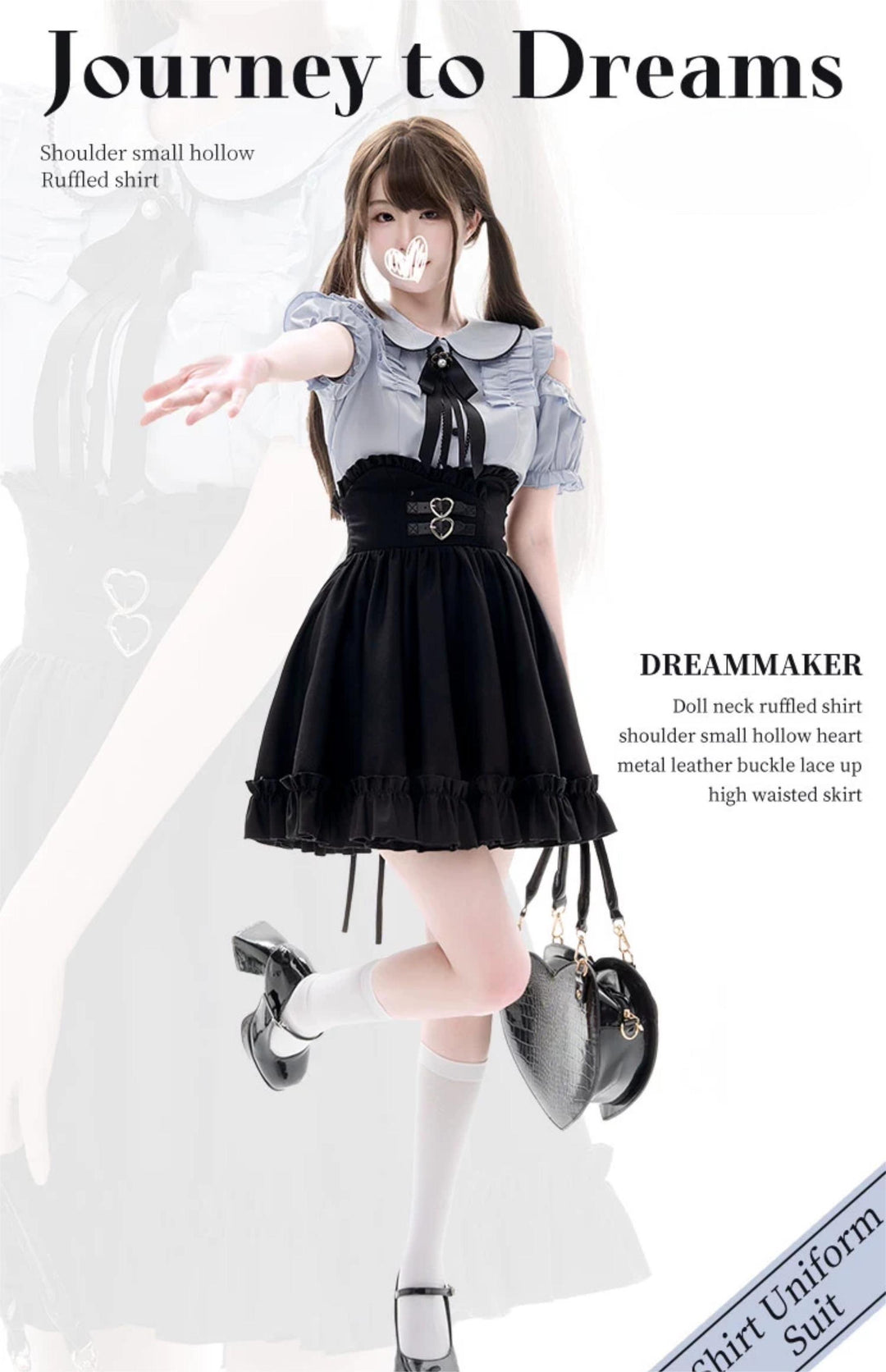 Jirai Kei Blue Open Shoulder Blouse, Flounce Hem Skirt 21966:351050