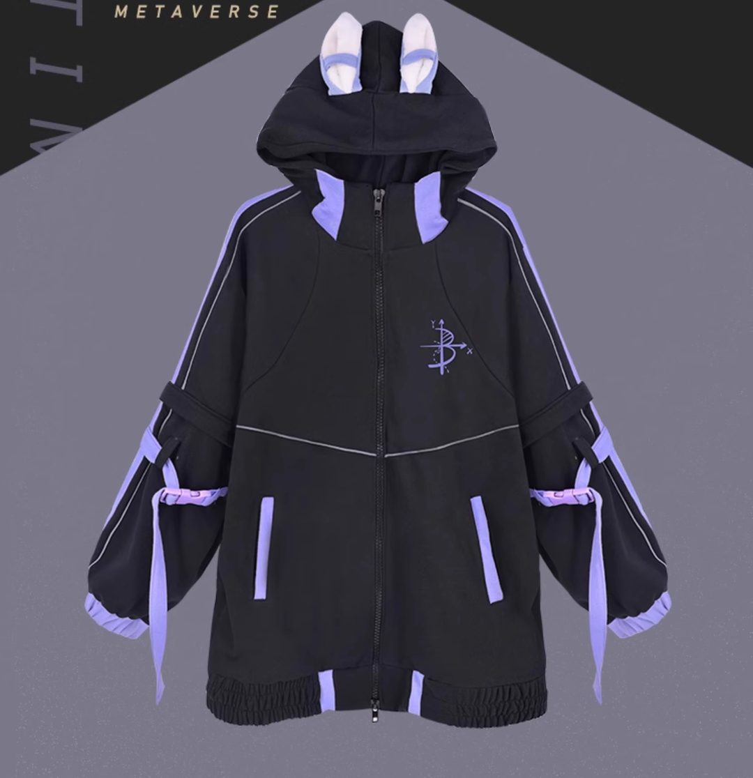 Plus Size Jirai Kei Jacket With Bunny Ears Functional Hoodie Pants Set (L M S XL / Jacket) 39126:615764