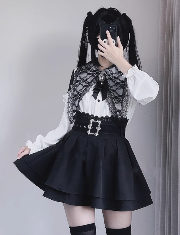 Jirai Kei Lace Blouse Double Layer Skirt A-line 39278:618486