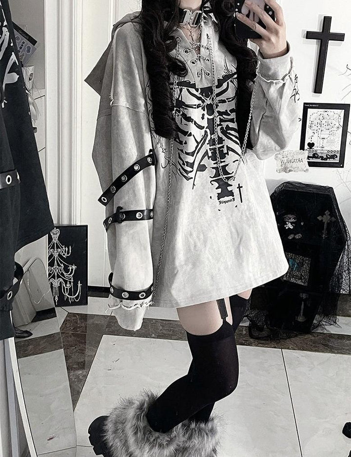 Ribcage Printed Subculture Hoodie, Ear-Accent Hood 44564:815276
