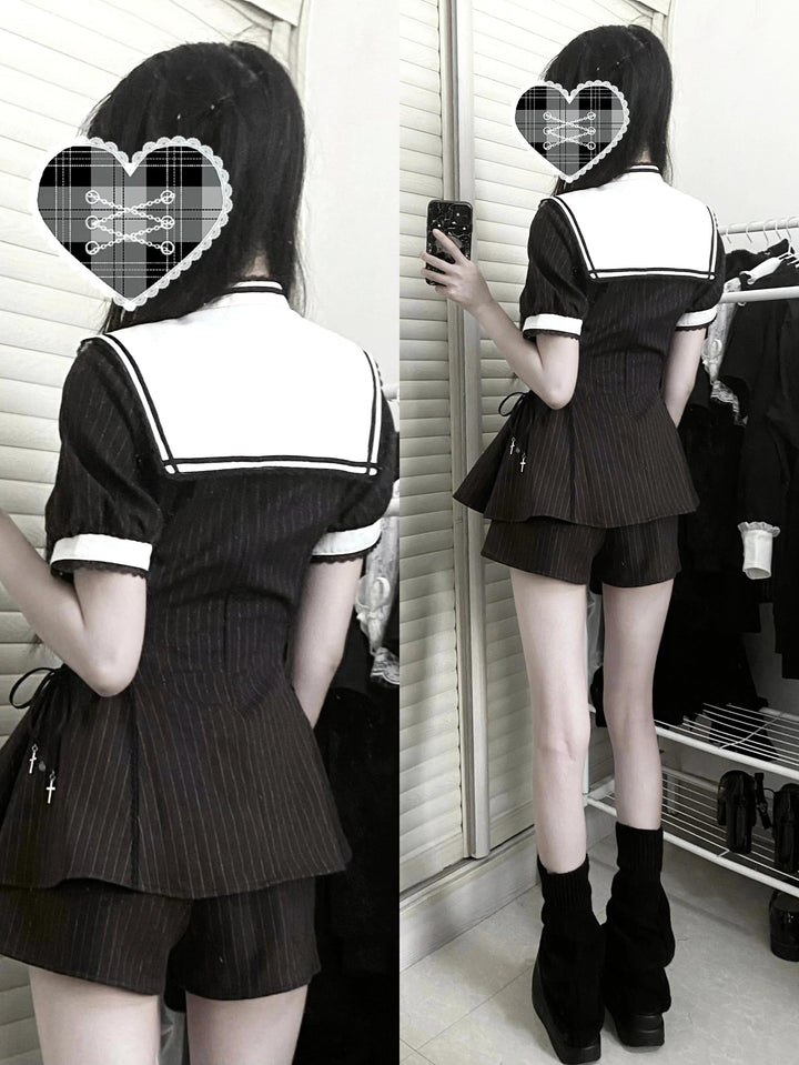 Striped Jirai Kei Set Up, Detachable Collar, Long/Short Sleeve Styles 43401:775831