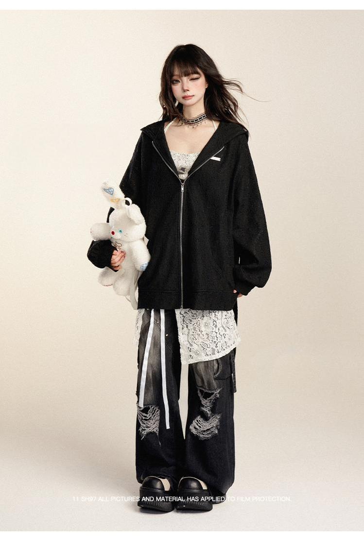 Punk Pants Black Straight Wide Leg Ripped Jeans Autumn 39760:642276
