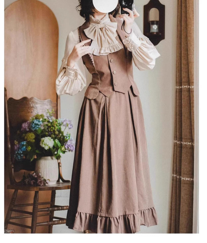 Classic Lolita A-Line Skirt + Button-Front Vest + White Blouse 40944:770423