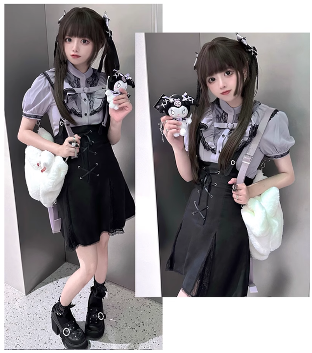 Jirai Kei Bi-color Blouse, Suspender Skirt Set 21976:365396