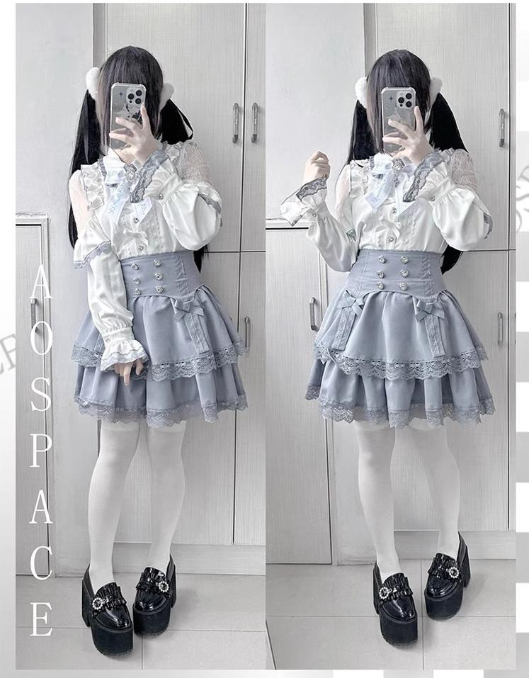 Jirai Kei Blouse Mini Skirt Patchwork Open Shoulder Bi Color Shirt 34500:463866