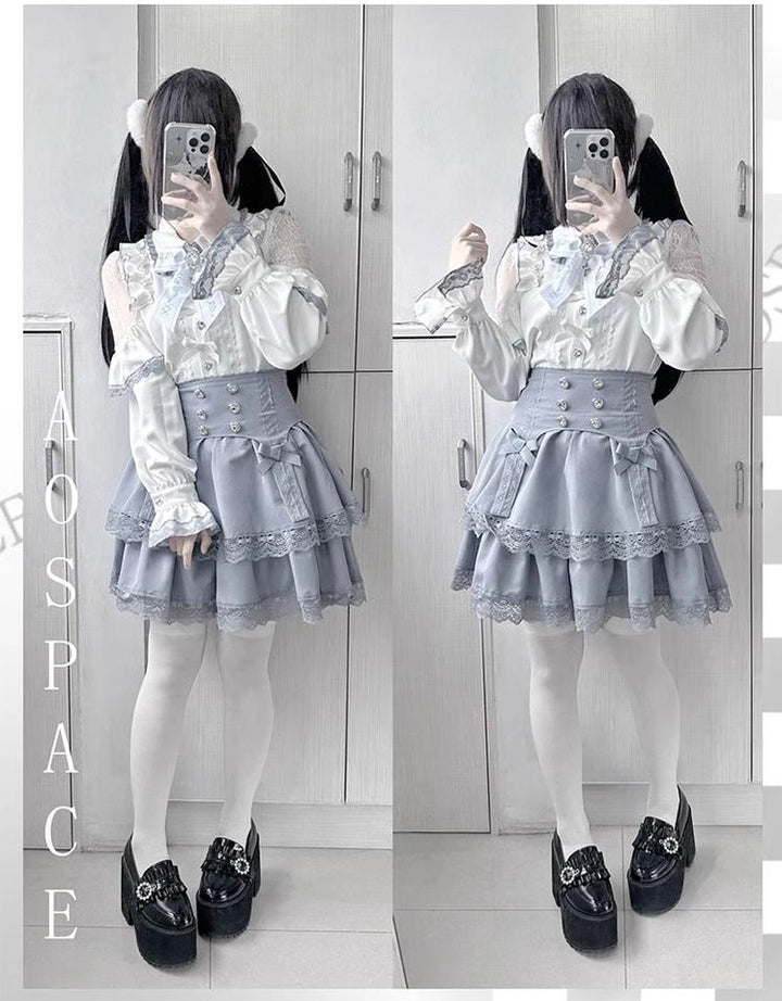 Jirai Kei Blouse Mini Skirt Patchwork Open Shoulder Bi Color Shirt 34500:463866
