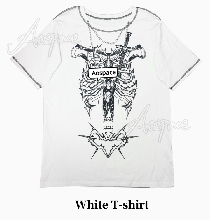 Gothic T-shirt Punk Ribbone Print Top Drop-Shoulder Shirt 39132:614770