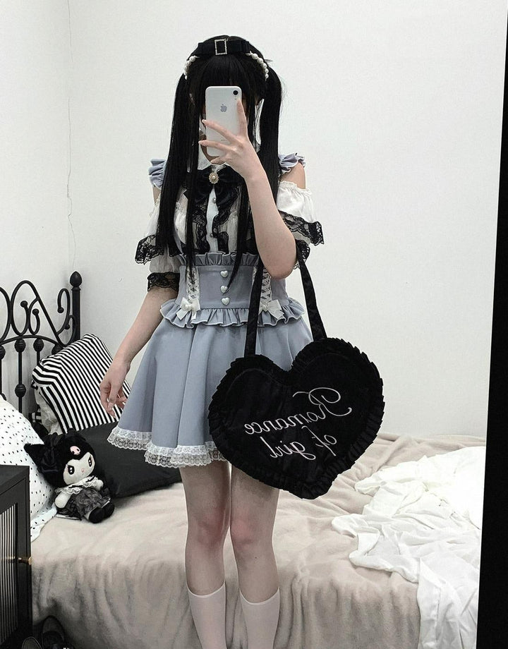 Jirai Kei Shirt Lace Double Layer Short Sleeve Open Shoulder Blouse 35374:768895