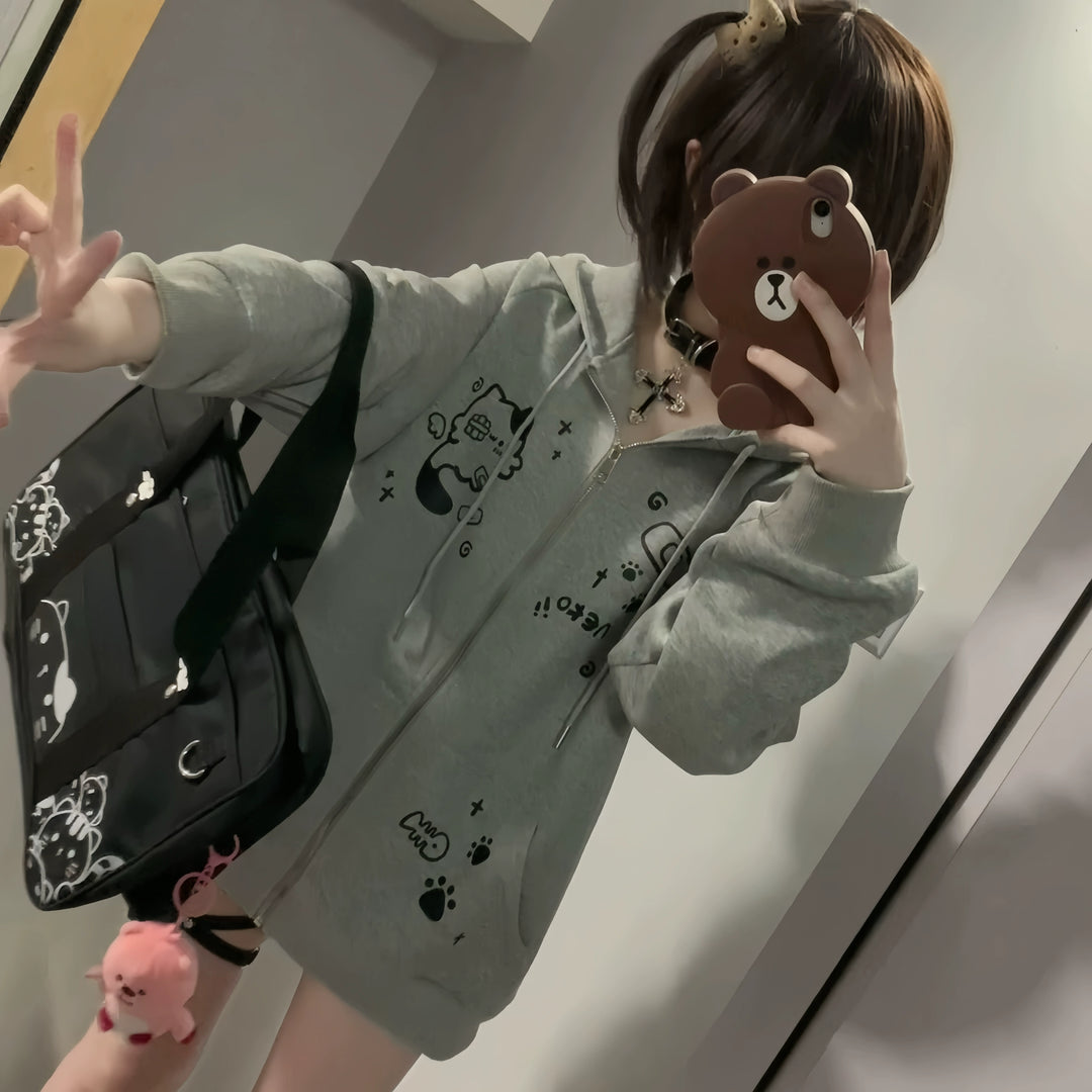 Kawaii Cat Ear Hooded Jacket, Bandage & Fishbone Print 43324:774177