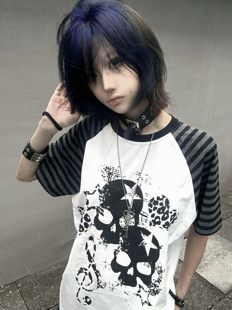 Cotton Subculture T-shirt, Gothic Skull & Leopard Heart Print 43225:771671