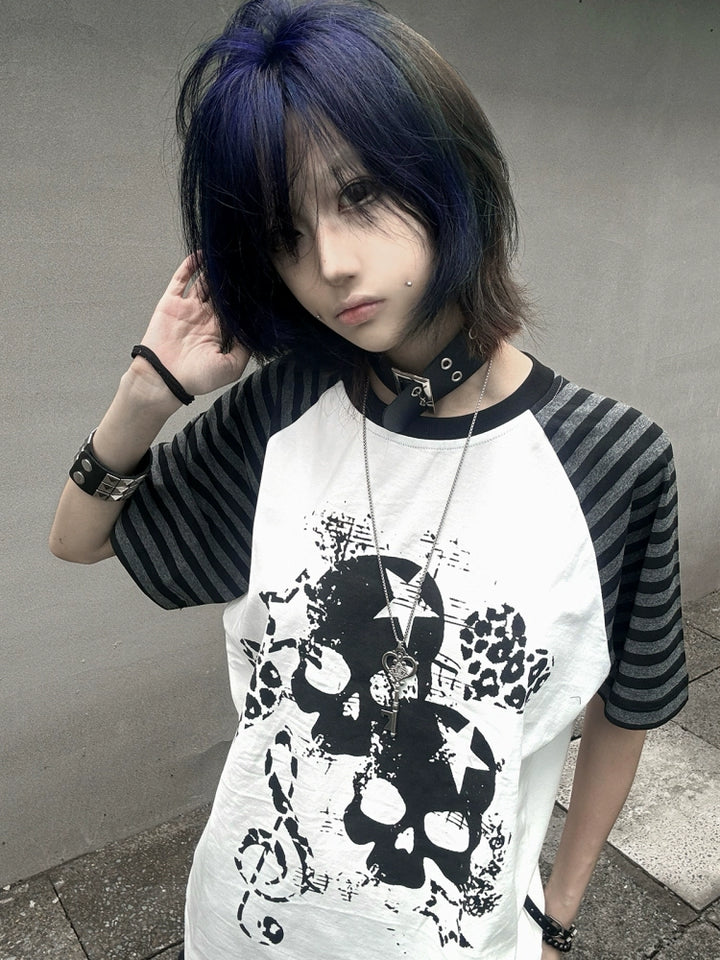 Cotton Subculture T-shirt, Gothic Skull & Leopard Heart Print 43225:771671