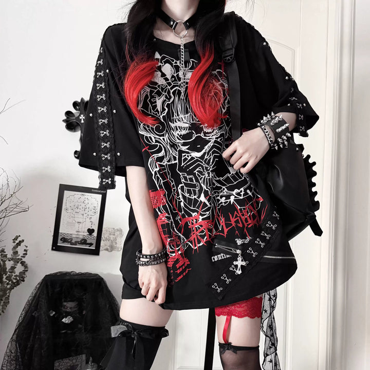 Gothic Cotton Graphic Printed T-Shirt, Detachable Choker 46061:874346