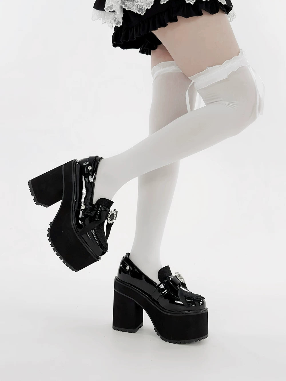 Jirai Kei Platform Loafer Heels, Lace Tulle & Rhinestone 46106:875229