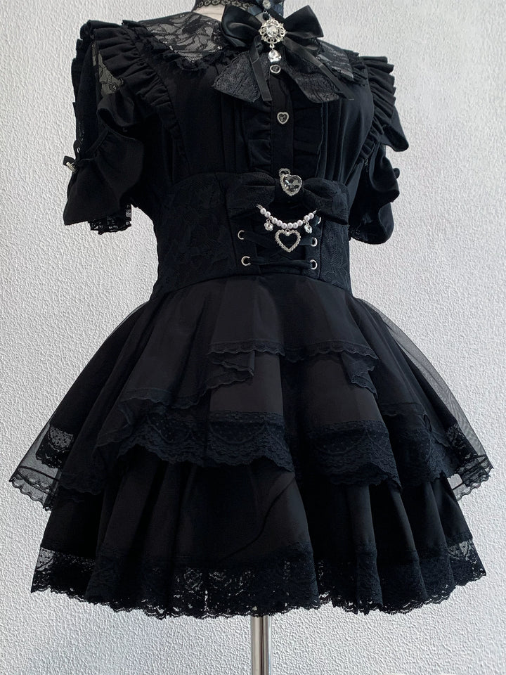 Jirai Kei Tiered Tuffles Skirt, Elastic High-Waist 44587:814591