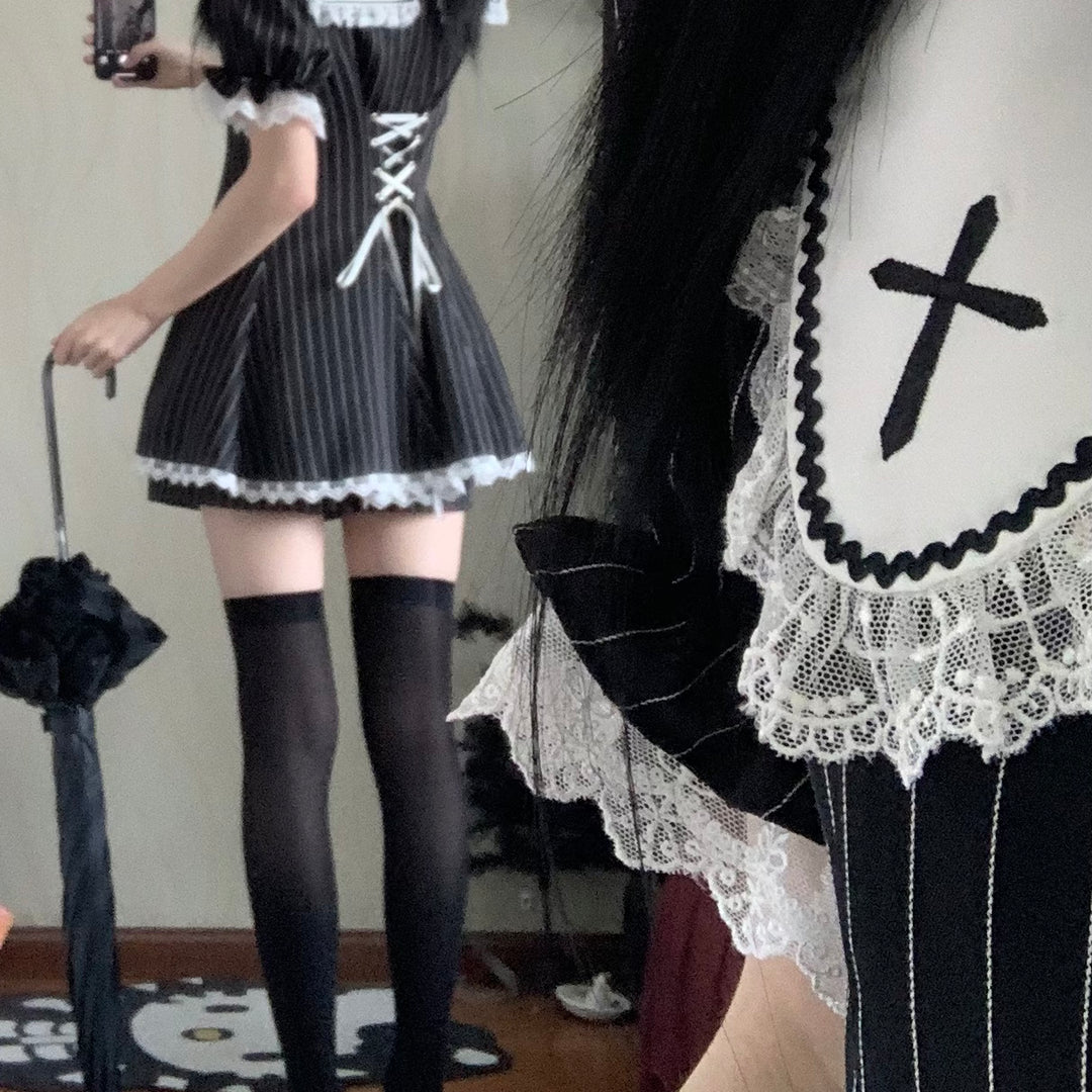 Striped Jirai Kei Dress Set Sailor Collar with Cross Details 42785:752995