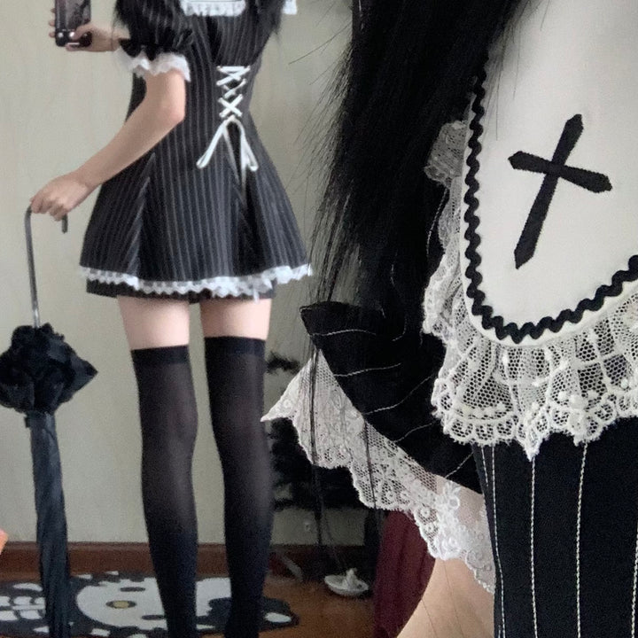 Striped Jirai Kei Dress Set Sailor Collar with Cross Details 42785:752995