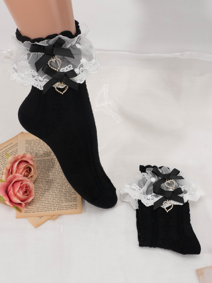 Lolita Mid-Calf Socks With Heart-shaped Rhinestone And Bow 21594:311014