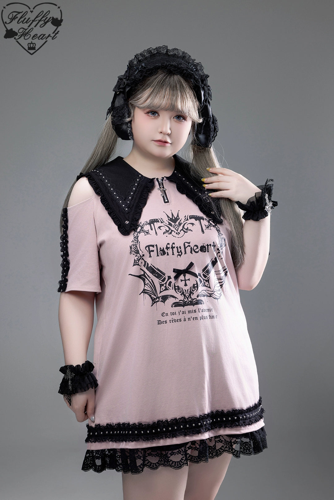 Cotton Sub Jirai Kei T-Shirt Dress, Pointed Collar, Open Shoulder 43373:774847