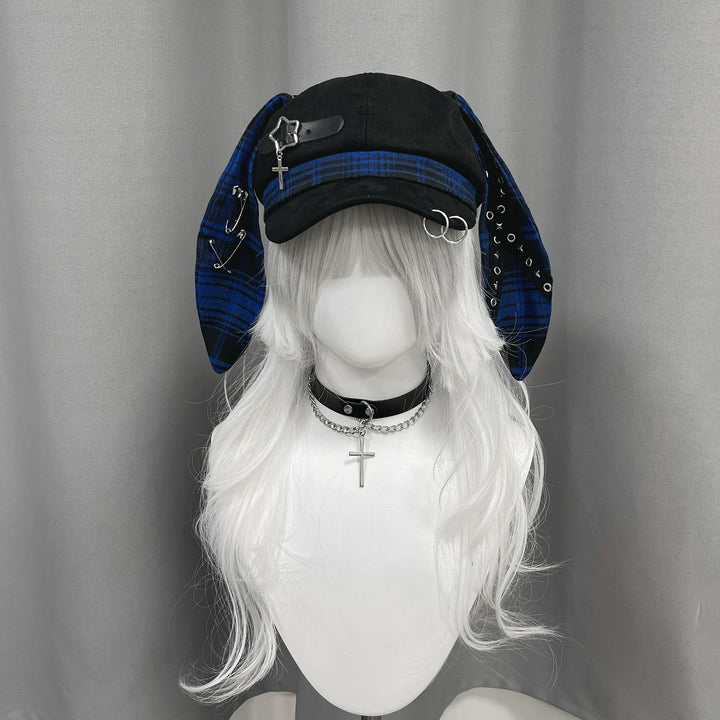 Plaid Punk Beret Hat, Bunny Ears, Safety Pins (M / Blue) 43833:786490