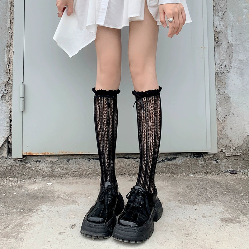 Lightweight Lolita Socks, Scrunchy Ankle/Mid-Calf 2-in-1 (Black) 43226:771858