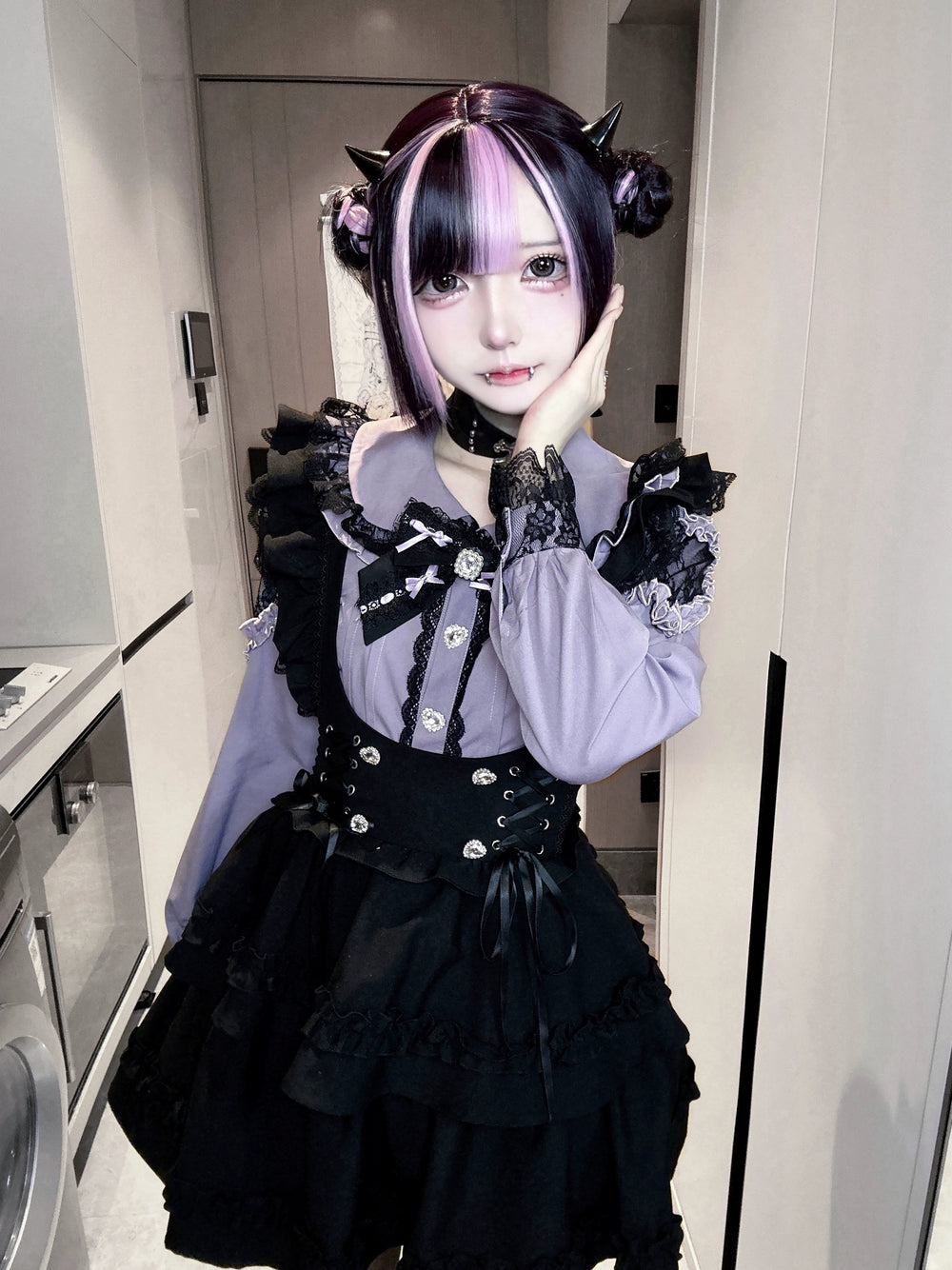 Jirai Kei Long Sleeve Blouse, Black Suspender Skirt (L M S) 44031:803507