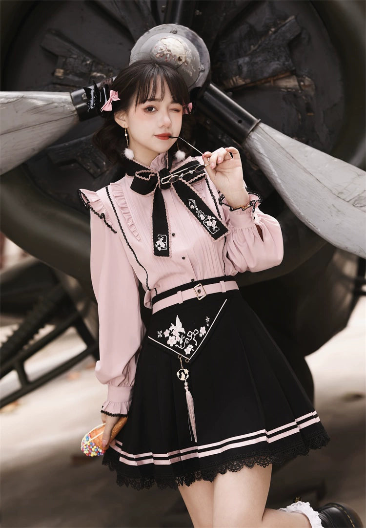 Pink Jirai Kei Blouse Black Skirt Chinese Hanfu Two-piece Set 22036:362442