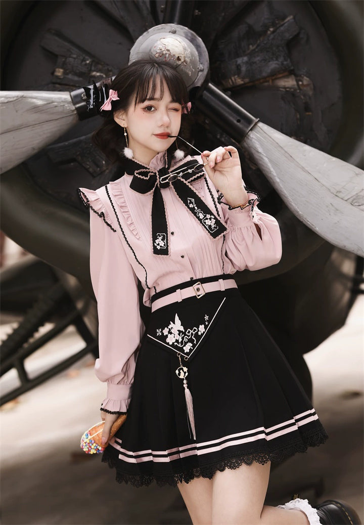 Pink Jirai Kei Blouse Black Skirt Chinese Hanfu Two-piece Set 22036:362442