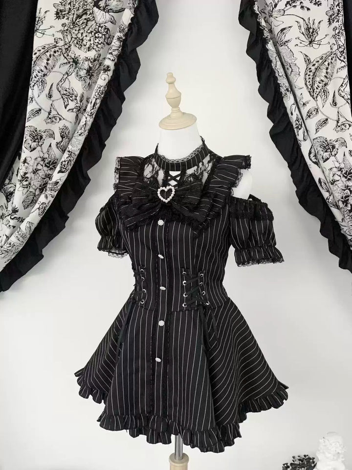 Jirai Kei Pure & Striped Black Dress, Open Shoulder (L M S XL) 44960:831990