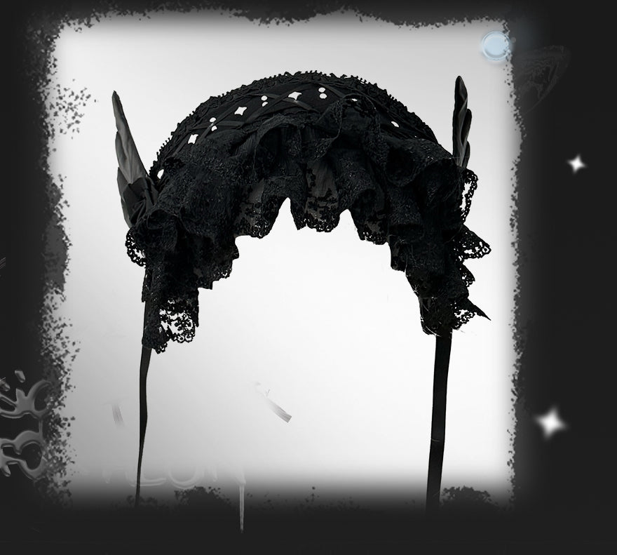 Black Jirai Kei Lace Hairband with Wings Flowers and Rivets 42803:753953