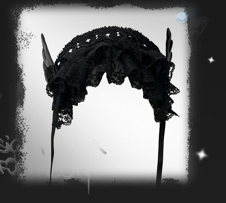 Black Jirai Kei Lace Hairband with Wings Flowers and Rivets 42803:753953