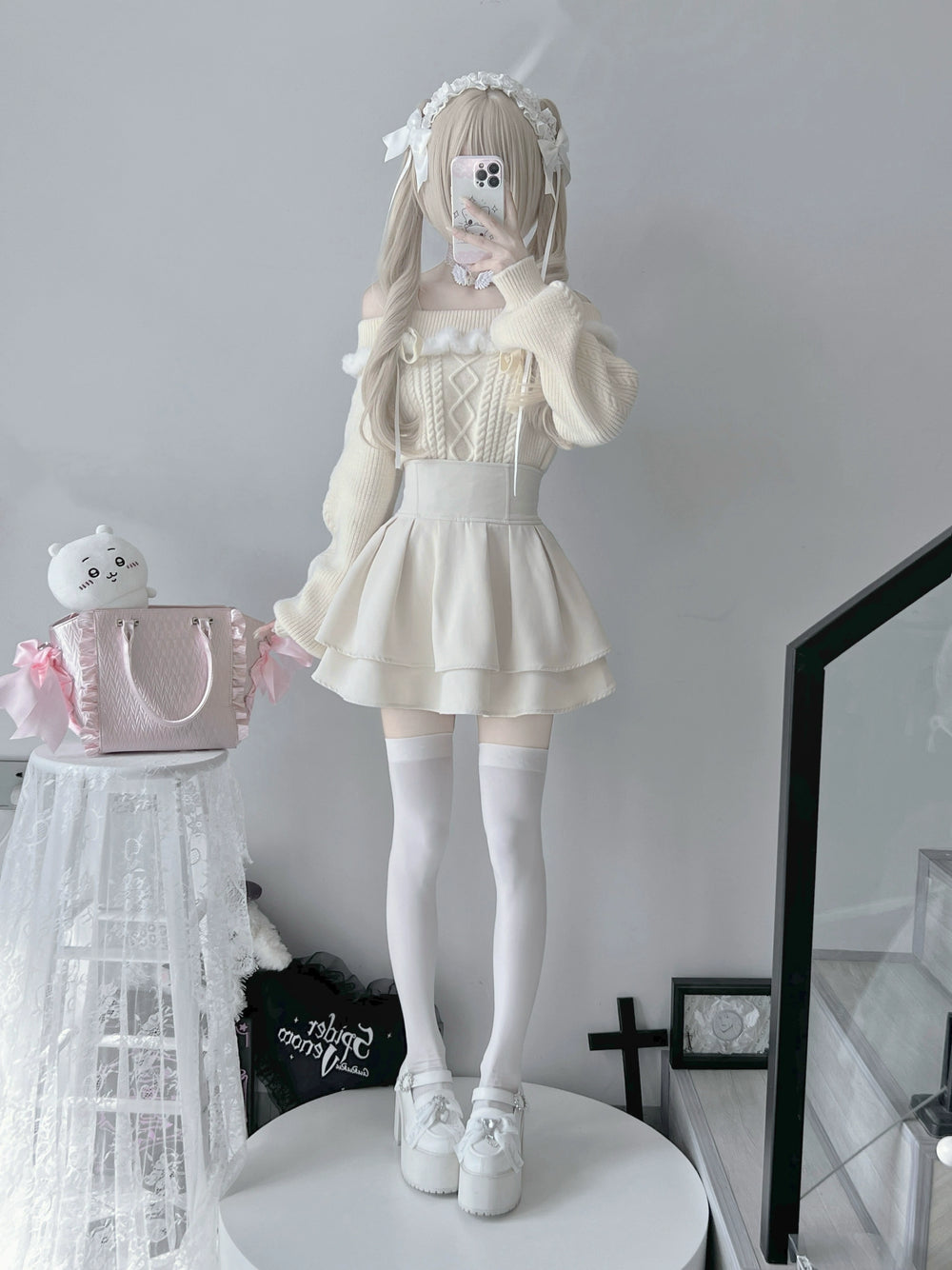 Jirai Kei Sweater Off-Shoulder Knot Bow Sweater (L M / Beige) 39722:634236