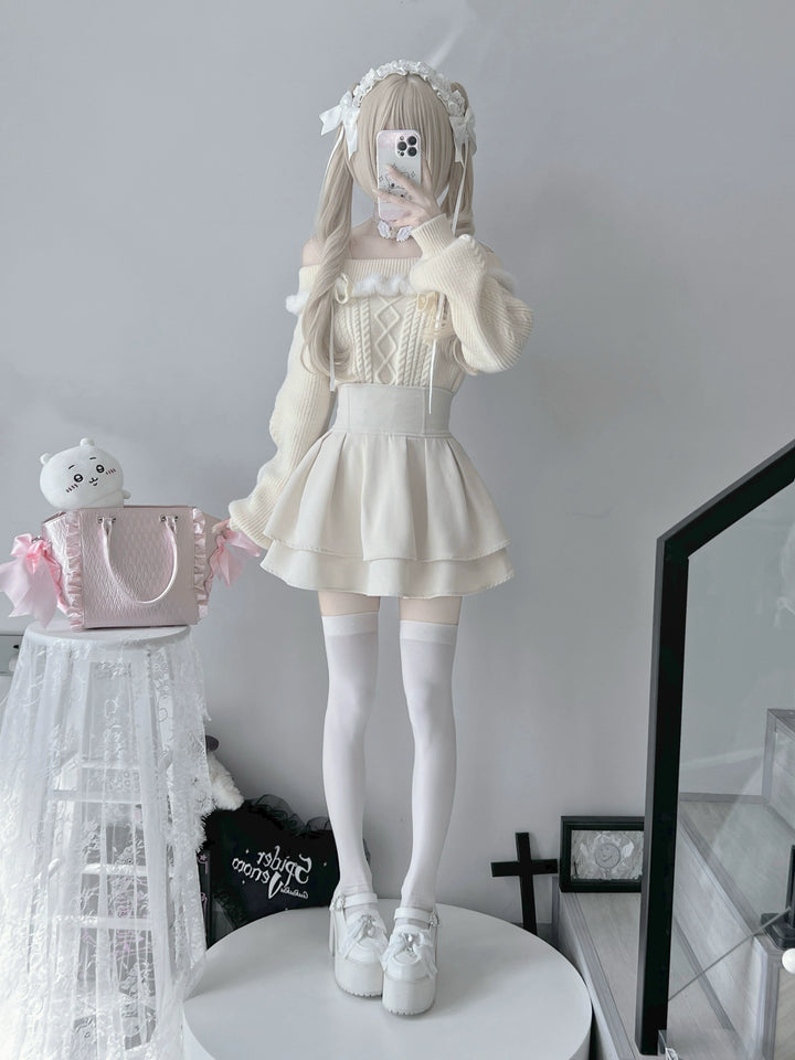 Jirai Kei Sweater Off-Shoulder Knot Bow Sweater 39722:634234