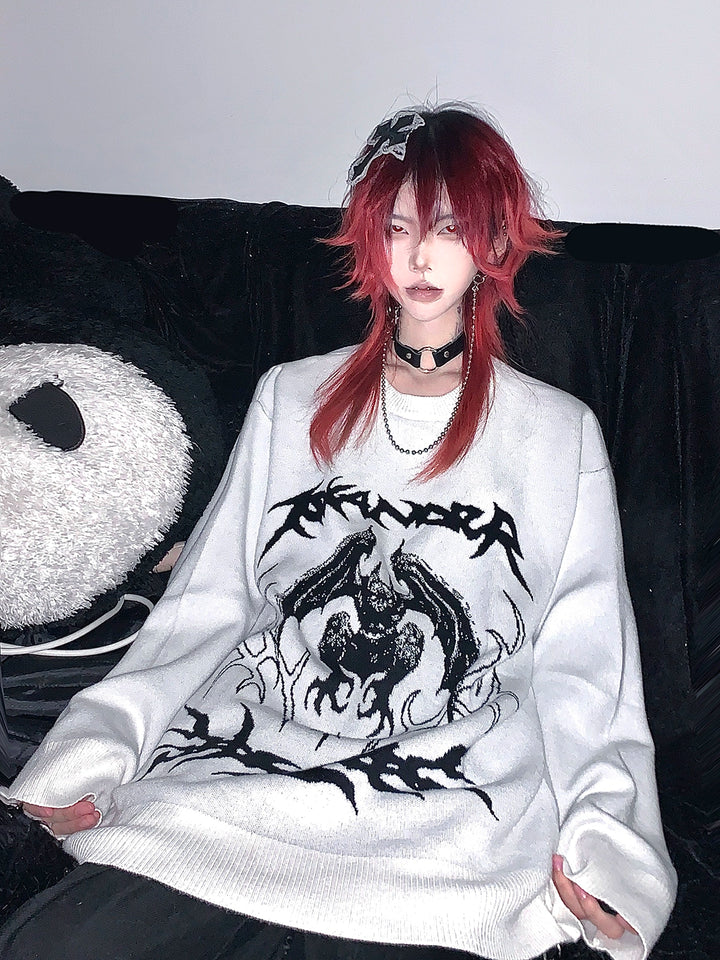 Punk Sweater White Bat Embroidered Sweater 39788:640166