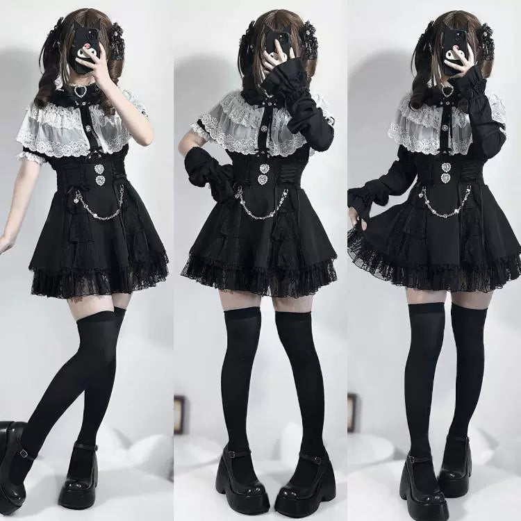 Jirai Kei Blouse with Layered Lace Cape & Detachable Sleeve 42860:755746