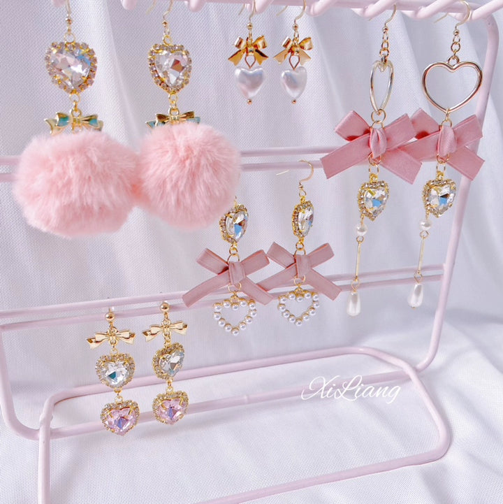 Jirai Kei Earrings Pink Heart Rhinestone Bow Ear Clips 33800:449868 33800:449868
