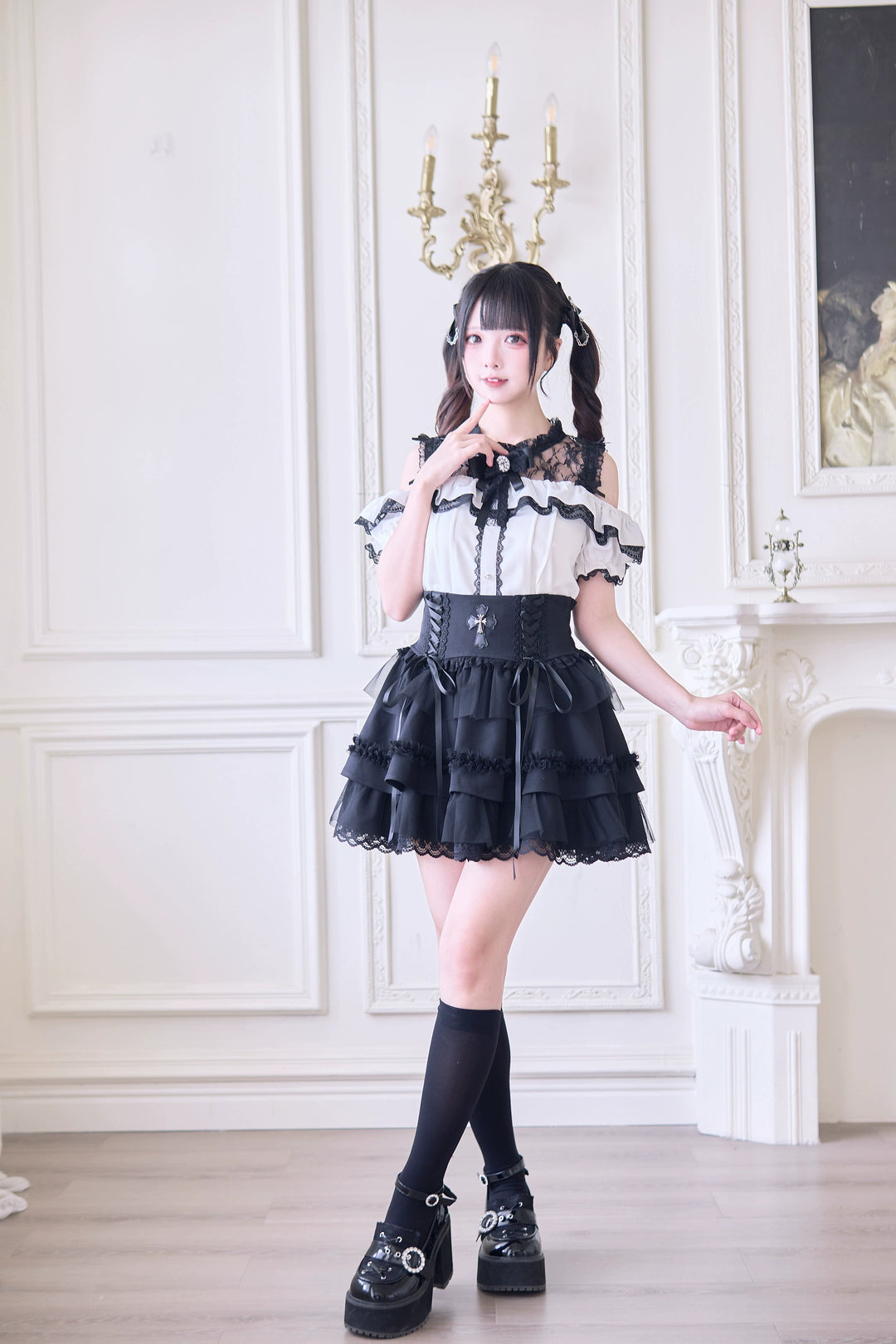 Jirai Kei Blouse with Hallow-out Upper & Rhinestone Bow Tie 42893:757702